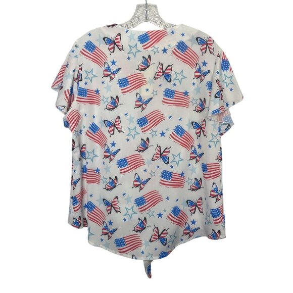Roshop Patriotic Shirt Blouse Womens XL White Red Blue New Butterfly Flags - Picture 2 of 10